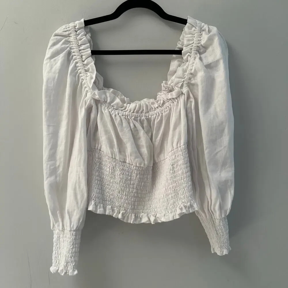 Faithfull the Brand Bel Rose White Smocked Off Shoulder Crop Top Size L